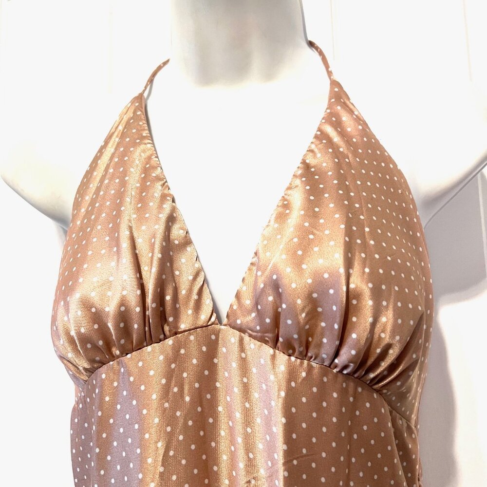 Alyn Paige-Women's Size 5/6 Jrs.-Halter Polka Dot Flowy Satin Feel Dress-Tan/Wh - Picture 3 of 15